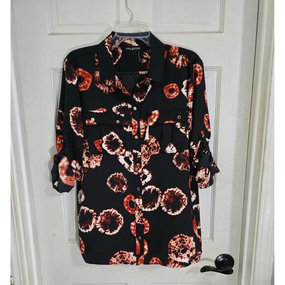 Halston‎ Women's Black Printed Button Up Blouse Roll Tab Sleeve Size L NWT - Picture 3 of 13
